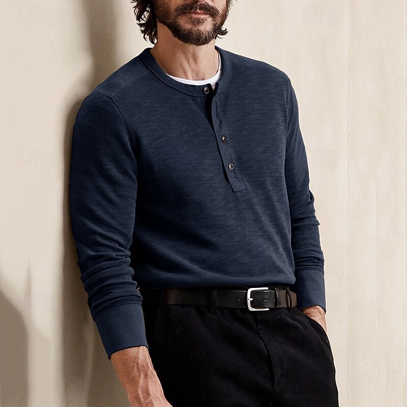 Men's Button T Shirt T Shirt Henley Shirt Tee Long Sleeve Henley Spring &  Fall Plain Fashion Designer Basic Vacation Street Going out Black Dark Red Royal Blue Top Tee for Men