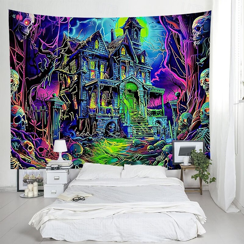 Halloween Decorations Blacklight Tapestry UV Reactive Glow in the Dark Glow Party Skulls Psychedelic Trippy Haunted House Hanging Tapestry Wall Art Mural for Living Room Bedroom3
