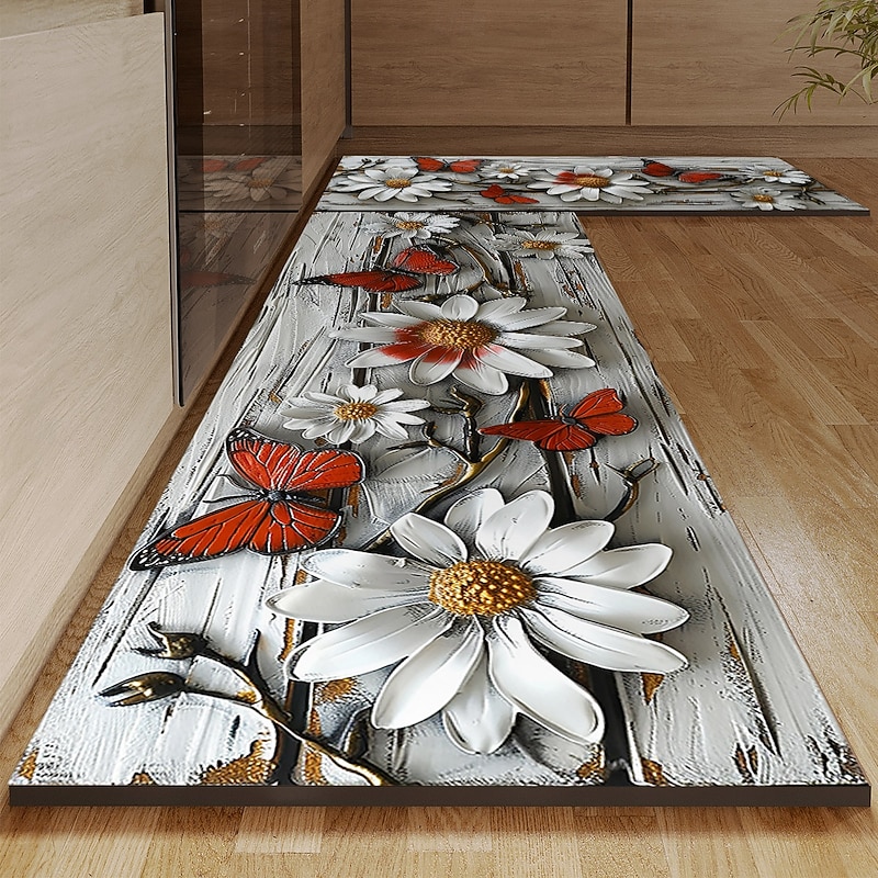 Wooden Daisy Pattern Kitchen Rug Area Rug Mat Non-Slip Oil Proof Floor Mat Livingroom Rug Indoor Outdoor Mat Bedroom Decor Bathroom Mat Entrance Rug Door Mat