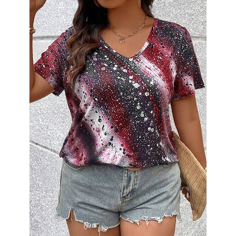 Women's T Shirt Casual Print Short Sleeve Regular Tops V Neck Daily Red Blue Purple Green Spring Fall3