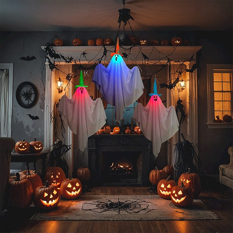 3pcs Halloween Decorations Lighted White Ghost LED Lights Hanging Lighted Ghost Horror Decor Door Hanging Haunted House Halloween Party Scene Layout Props3