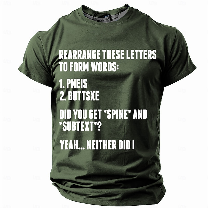 Men's Funny Graphic T-Shirt | Dirty Mind Puzzle 'Pneis Buttsxe' Wordplay Humor