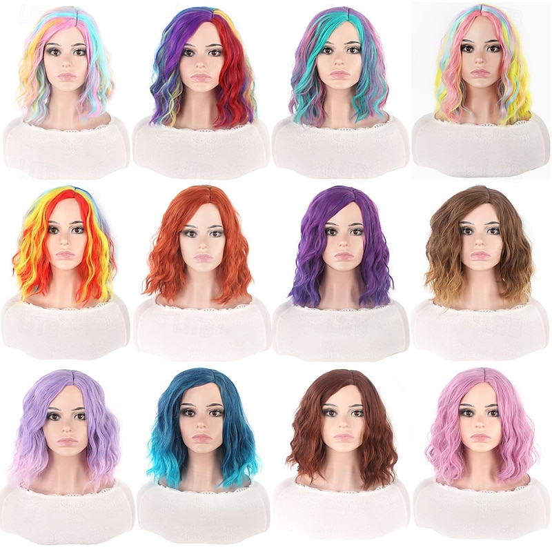 Women Short Synthetic Wigs Heat Resistance Curly Hair Central Part Rainbow Multi Color Orage Blue Ombre Wig2