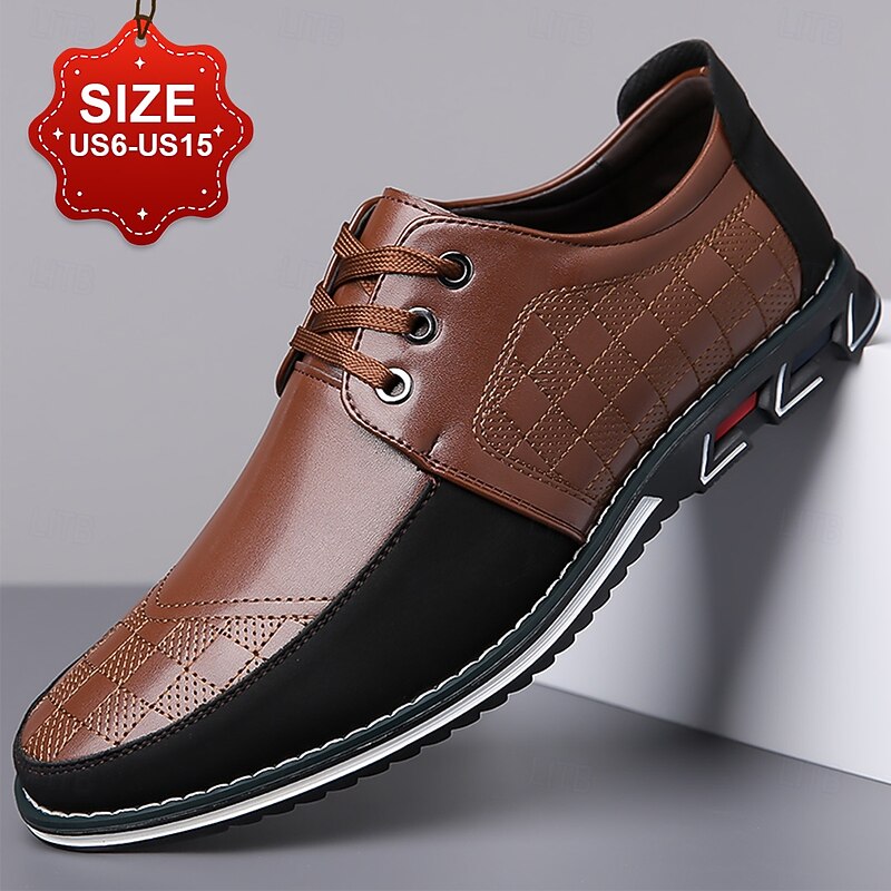 Men's Brown and Black Checkered Pattern Oxford Shoes with Comfortable Sole - Perfect for Casual and Everyday Wear