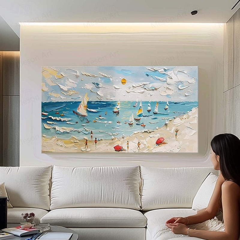 3D wave beach oil painting Handmade Abstract Coastal Oil Paintings On Canvas handmade Sunny Beach Painting in Blue and Beige Colors painting for Home And Office Wall Decor painting