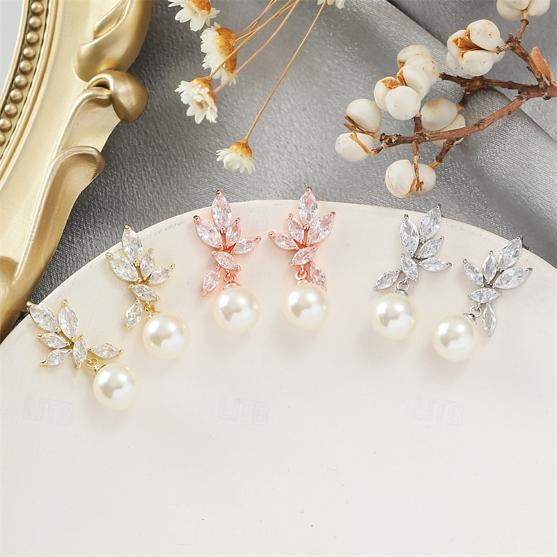 Elegant Pearl Drop Earrings with Crystal Leaf Design - Perfect for Weddings, Parties, and Formal Occasions2