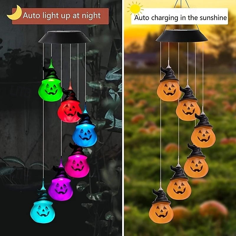 1pc Solar Outdoor Halloween Black Hat Pumpkin Wind Chime Lights, Solar Power Supply Discoloration Garden Theme Party Haunted Party Garden Courtyard Outdoor Bar Halloween Decorations2