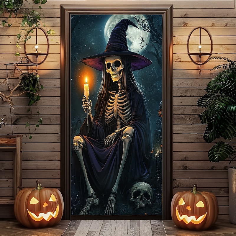 Halloween Door Decorations Skeleton Halloween Door Covers Door Tapestry Door Curtain Decoration Backdrop Door Banner for Front Door Farmhouse Holiday Party Decor Supplies Pumpkins Crow
