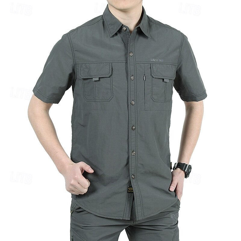 Men's Shirt Workwear Shirts Casual Shirt Work Shirt Button Up Shirt Cargo Shirt Black Blue khaki Army Green Gray Short Sleeve Plain Lapel Vacation Holiday Front Pocket Clothing Apparel Polyester4