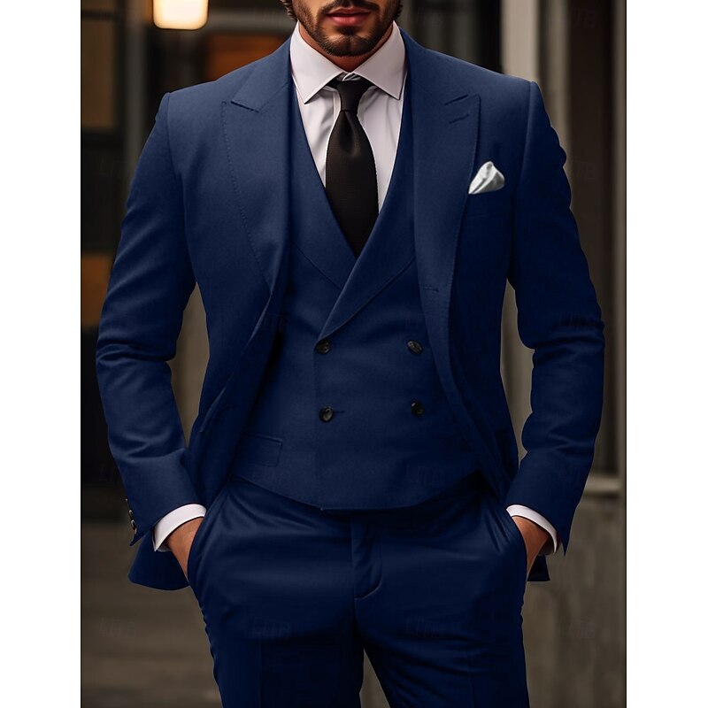Men's Wedding Christmas Suits Peak Red Burgundy Daily Business Solid Colored Slim Fit 3 Piece Single Breasted Two-buttons3