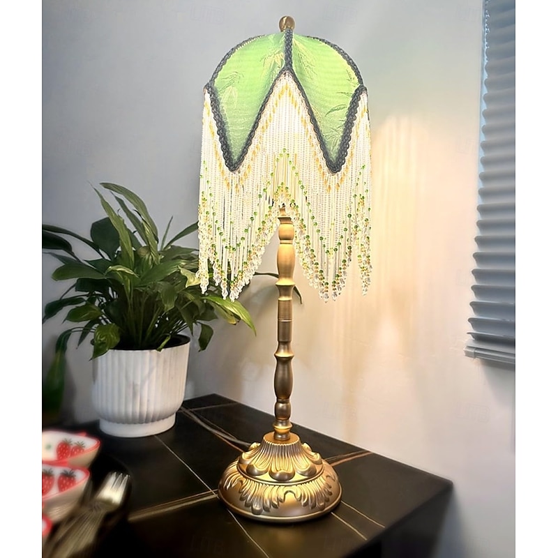 LED Table Lamp 3-Color Light Source Tassel Retro Fabric Bedside Lamp Premium Classic Victorian Style Nightstand Lamp with Beaded Fringe Trim for Bedroom Study 110-240V