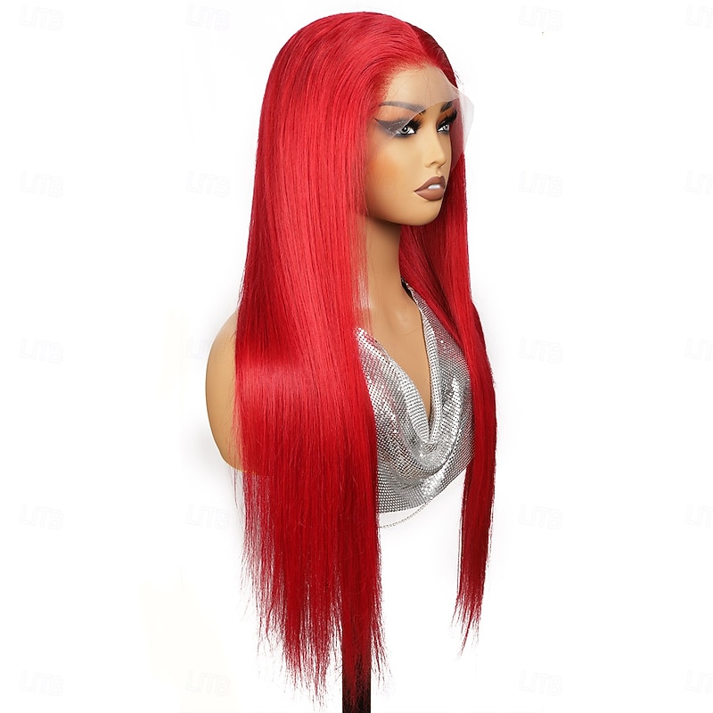 13X4 Red Lace Front Human Hair wig Straight Wave Transparent Lace Front Wig 150 Density3