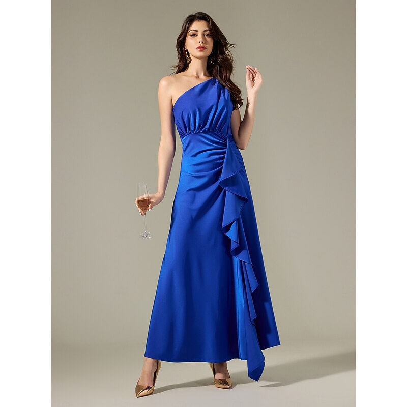 Satin Blue Sleeveless One Shoulder Ruffle Maxi Dress 6