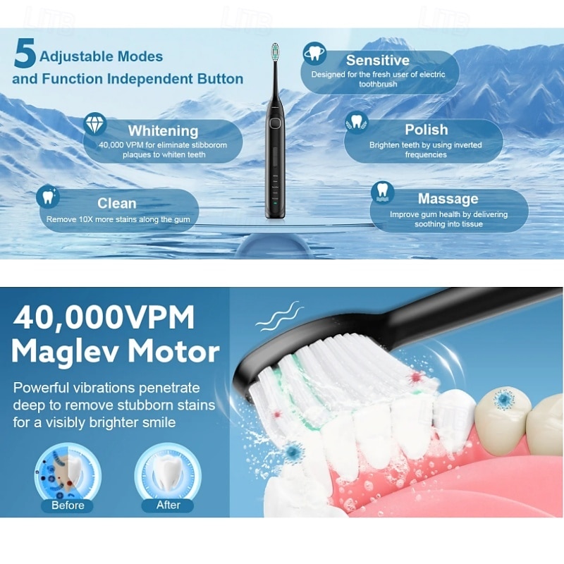 Electric USB Rechargeable Toothbrush for Adults and Teens, with 4 Brush Heads, Smart Timer, 5 Modes, IPX7 Waterproof, Teeth Whitening, Fast Charging and Long Lasting Battery3