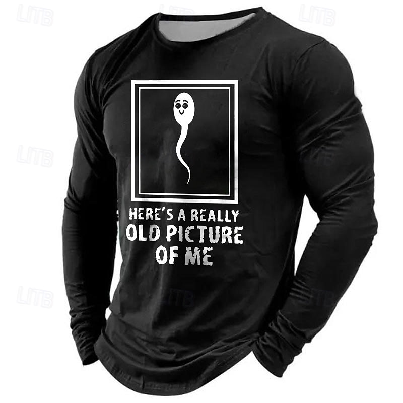 Men's Humorous Long Sleeve T-Shirt with "Here's A Really Old Picture Of Me" Sperm Graphic3
