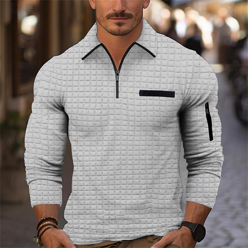 Men's Waffle Polo Shirt Quarter Zip Polo Daily Holiday Quarter Zip Long Sleeve Fashion Modern Plain Spring &  Fall Regular Fit Black White Navy Blue Orange Dark Gray Gray Waffle Polo Shirt4