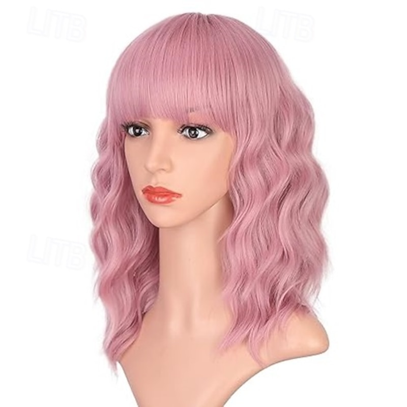 Wigs with Bangs for Women Synthetic Curly Bob Wig for Girl Natural Looking Wavy Wigs2