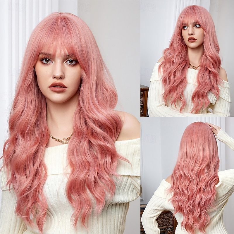 Synthetic Wig Curly Wavy Neat Bang With Bangs Machine Made Wig 26 inch Gold Pink Synthetic Hair Women's Cute Cosplay Party Pink