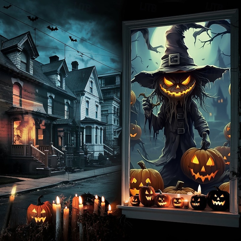 Halloween Window Cover Decorations, Fabric Scarecrow Halloween Curtain Horror Movie Poster Window Door Covering Decor for Haunted House, Scary Halloween Window Clings Decals Indoor Outdoor - Main Image