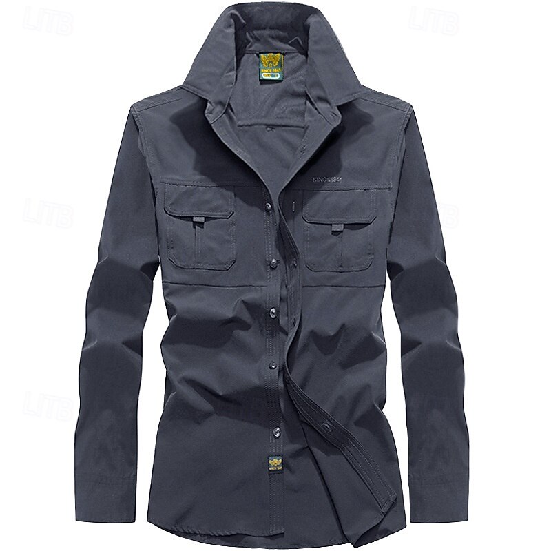 Men's Shirt Workwear Shirts Work Shirt Button Up Shirt Cargo Shirt Black Blue Green khaki Light Grey Long Sleeve Plain Lapel Vacation Holiday Front Pocket Clothing Apparel Fashion Casual Comfortable2