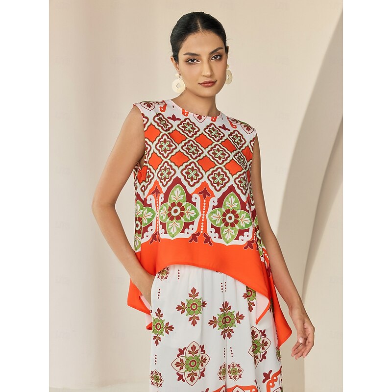 Women's Camisole Tank Top Satin Boho Double Slit Crew Neck Sleeveless Camisole Tank Top2