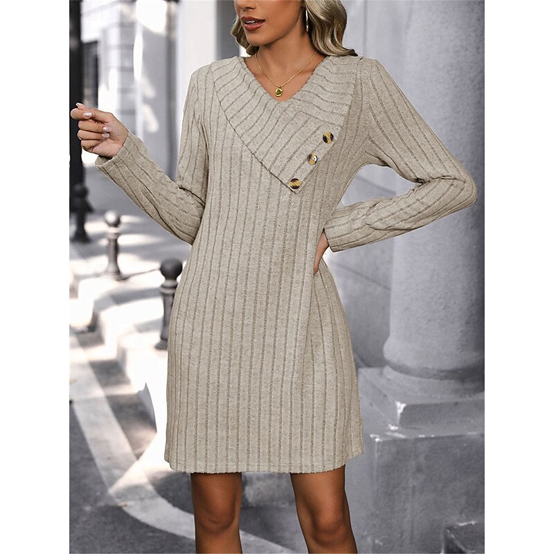 Women's Mini Dress Sweater Dress Casual Dress Plain Dress Basic Casual Flared Vacation Street Regular Fit Long Sleeve V Neck Apricot Fall Winter