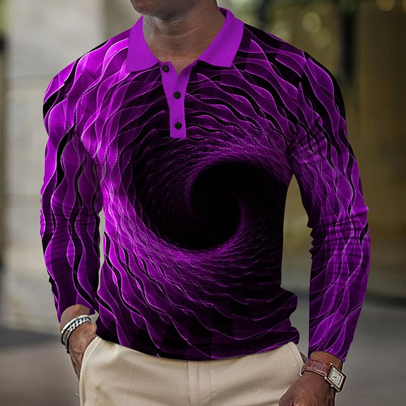 Men's Graphic Waffle Polo Shirts Golf Shirt Long Sleeve Polo Shirts Collared Shirts Vacation Wear Rave Wear Party Outfits Buttons 3D Print Summer Black Blue Purple2