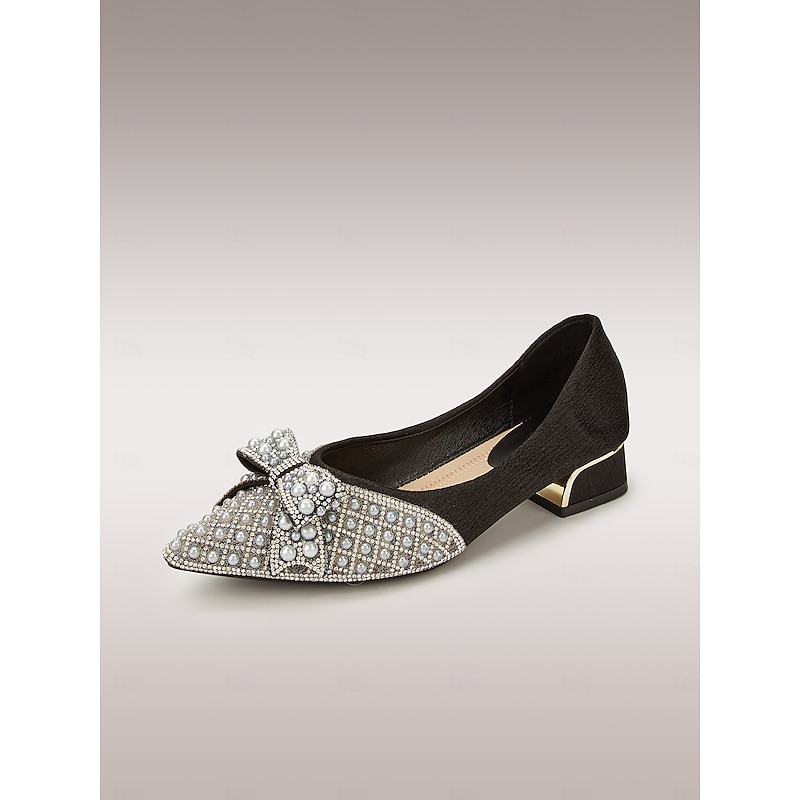 Women's Black Embellished Flats with Pearls and Rhinestones, Bow Detail, and Gold-Tipped Low Heel - Elegant Dress Shoes for Formal Occasions2