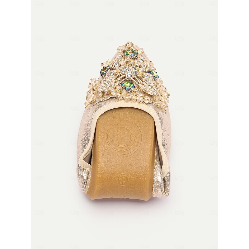 Women's Foldable Gold Glitter Flats with Crystal Embellishments – Comfortable Slip-On Shoes for Casual and Special Occasions3