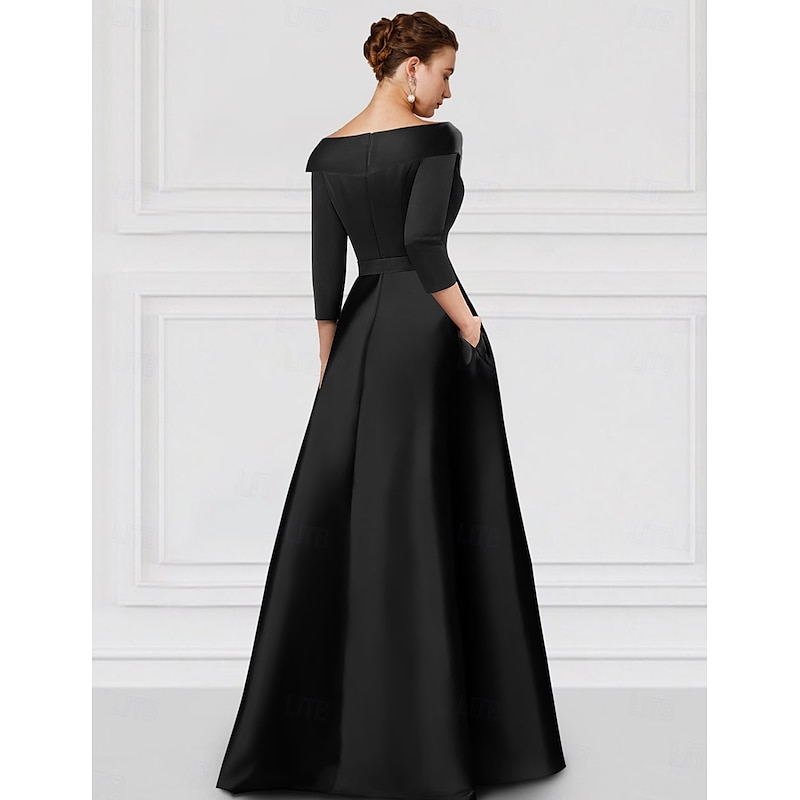 Black A-Line Evening Gown Elegant Dress Tuxedo Dress Formal Floor Length 3/4 Length Sleeve Shirt Collar Pocket Satin with Appliques dress to impress2
