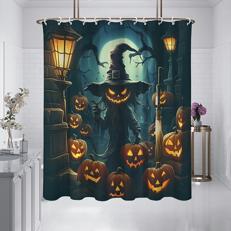 Halloween Shower Curtain Jack-O'-Lantern and Witch Design - Scarecrow Pumpkin Party Decor, Waterproof Polyester Fabric, Machine Washable, 12 Hooks Included for Bathtub or Bathroom Decoration