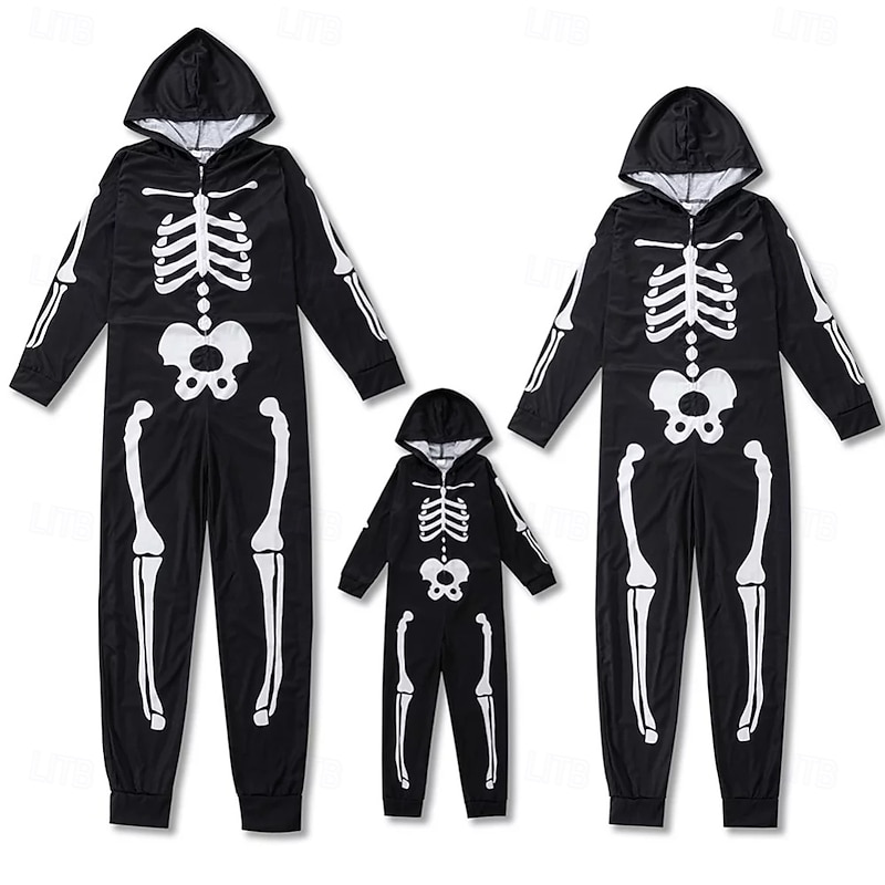 Couples Skull Skeleton Costume Kigurumi Pajamas Halloween Group Family Costumes Kid's Adults' Unisex Party Home Wear Halloween Carnival Easy Halloween Costumes2