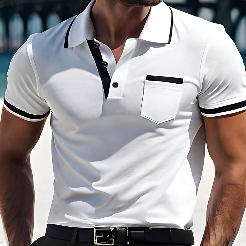 Men's Button Up Polos Business Polo Business Casual Ribbed Polo Collar Short Sleeve Fashion Basic Plain Classic Summer Regular Fit White Red Dark Blue Grey Light Blue Button Up Polos