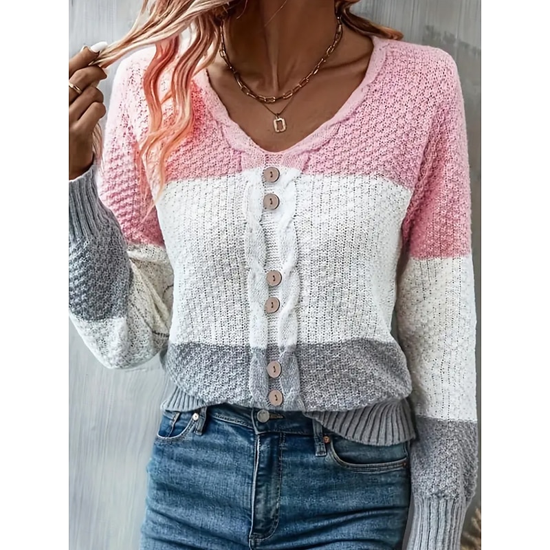 Women's Sweater Casual Color Block Cable Crew Neck Knitted Long Sleeve Regular Tops Knit Daily Pink Spring Fall