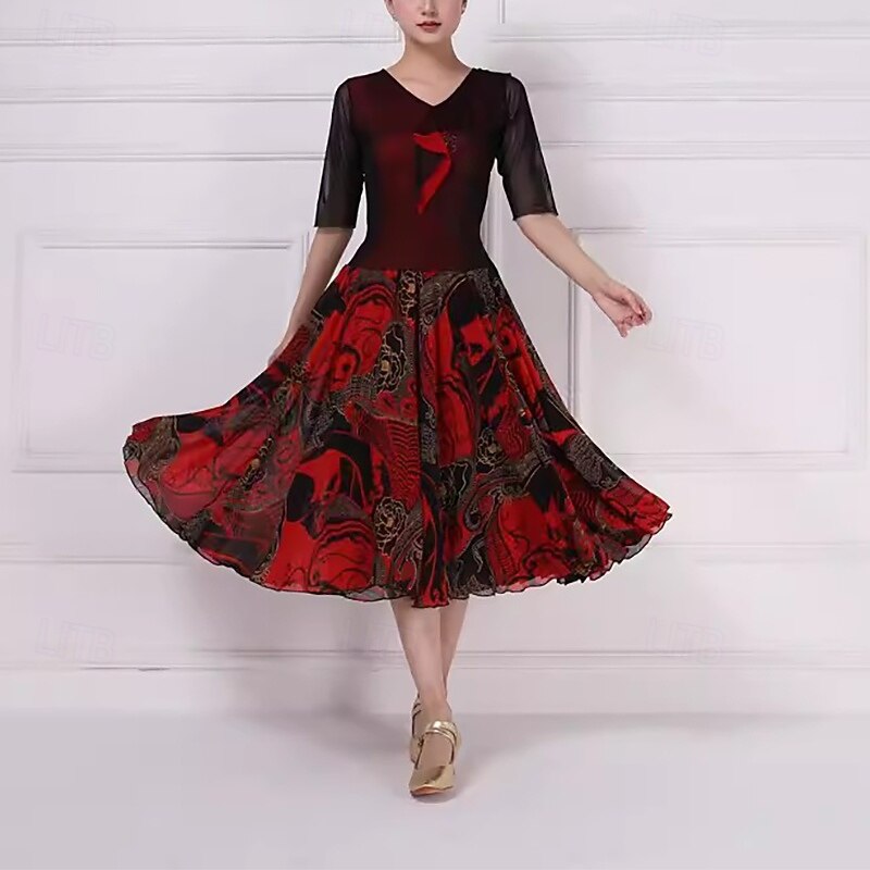 Ballroom Dance Dress Printing Splicing Women's Performance Party Half Sleeve Spandex Imitation Silk4