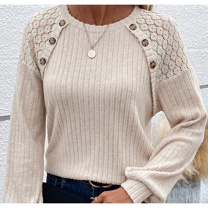 Women's Pullover Elegant Vintage Fashion Plain Work Street Dailywear Crew Neck Patchwork Buttons Loose Fit Long Sleeve White Gray Fall Winter3