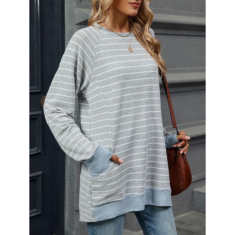 Women's T Shirt Fashion Modern Casual Long Sleeve Regular Tops Crew Neck Daily Weekend Gray / White Black Blue Light Grey Fall Winter3