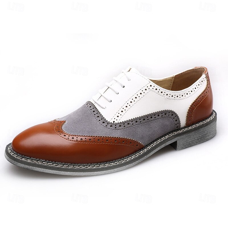 Men's Gatsby-Inspired Wingtip Spectator Oxford Shoes in White, Suede Grey, and Brown, Vintage Brogue Leather Dress Shoes for 1920s Wedding, Jazz Garden Party, and Formal Events2