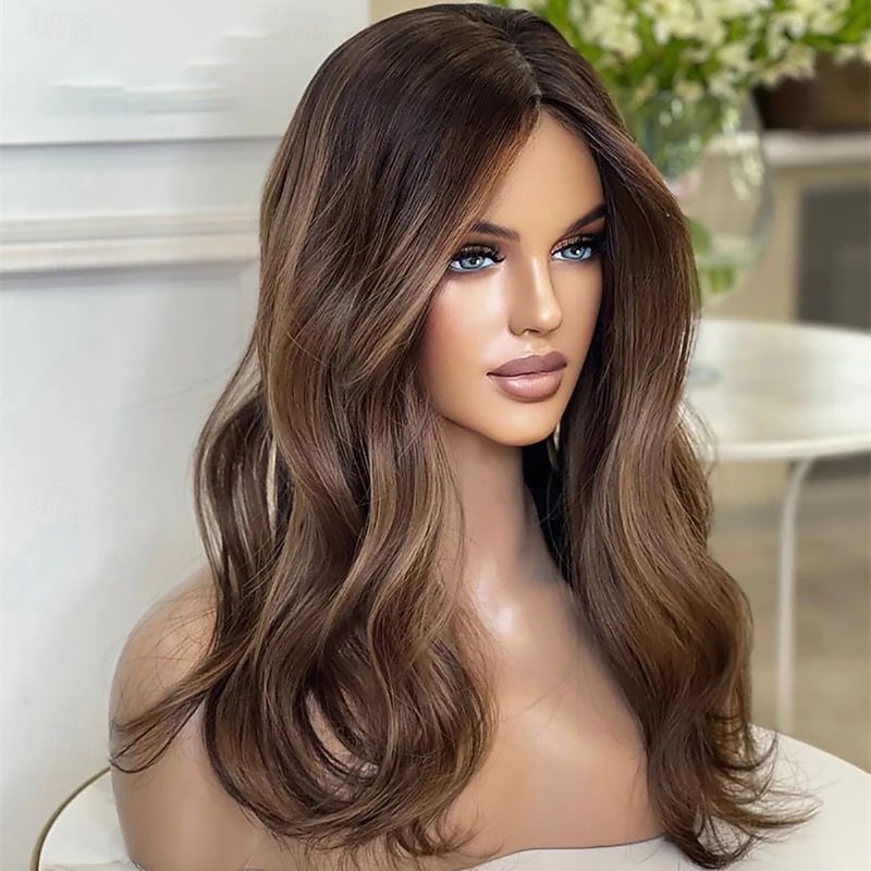 Remy Human Hair 13x4 Lace Front Wig Middle Part Brazilian Hair Wavy Brown Wig 130% 150% Density with Baby Hair Highlighted / Balayage Hair Glueless For Women Long Human Hair Lace Wig2