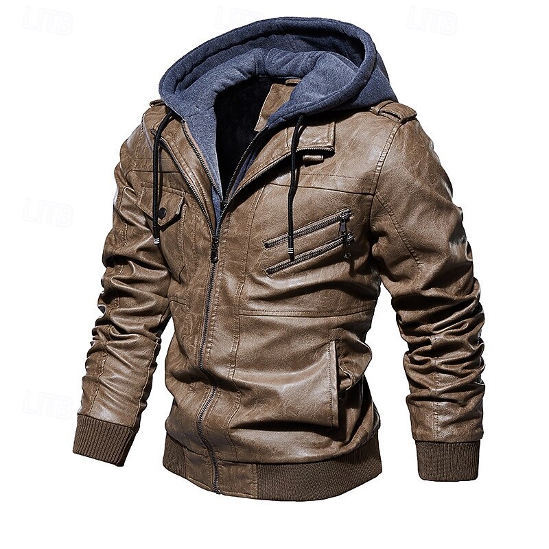 Men's Faux Leather Jacket Biker Jacket Red Leather Jacket Daily Vacation Windproof Warm Splice Fall & Winter Plain Fashion Classic Hooded Regular Faux Leather Black Wine Khaki Dark Gray Coffee Jacket