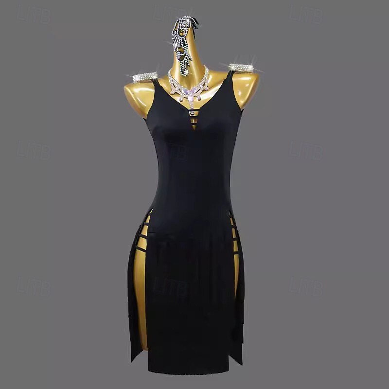 Latin Salsa Dance Dress Tassel Pure Color Splicing Women's Performance Training Sleeveless Chinlon