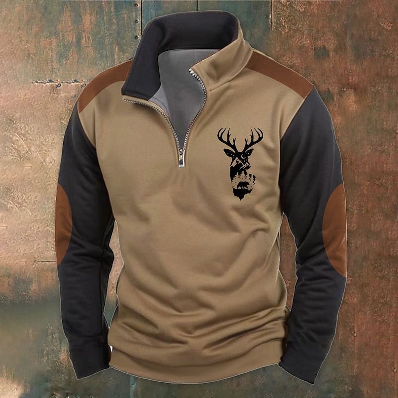Men's Hunting Deer Sweatshirts Quarter Zip Sweatshirt Long Sleeve Sweatshirt Half Zip Vintage Retro Western Cowboy 3D Printing Hunting Half Zip Winter Spring &  Fall3