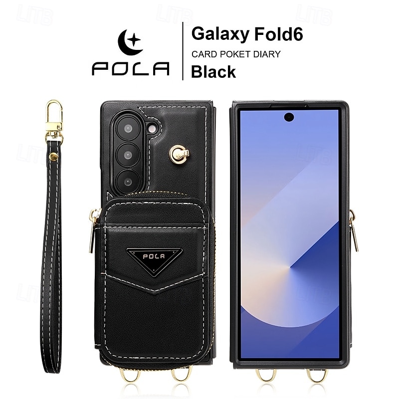 Phone Case For Samsung Galaxy Z Fold 6 Wallet Case with Stand Holder Zipper Full Body Protective Retro Genuine Leather2