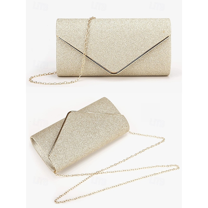 Women's Gold Glitter Envelope Clutch with Chain Strap – Elegant Evening Bag for Weddings and Parties3