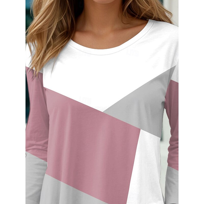 Women's T shirt Long Sleeve Crew Neck Long Sleeve Tunic Casual Color Block Print Regular Tops Daily Pink Spring Fall Prefall3