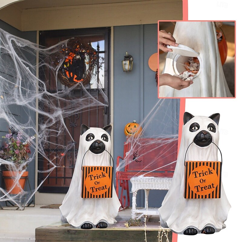 Cat Ghost Candy Jar Halloween Figurine Halloween Decoration Home kitten Pumpkin Ornaments for Home Decor Yard Indoor Patio3