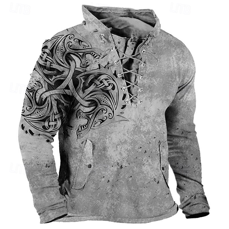 Men's Viking Warrior Graphic Prints Sweatshirt Pullover Long Sleeve Sweatshirt Standing Collar Streetwear Designer Basic 3D Print Sports & Outdoor Casual Daily Lace up Spring &  Fall