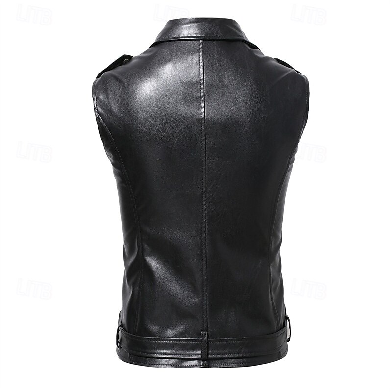 Men's Vest Gilet Leather Vest Daily Date Vacation Fashion Casual Spring &  Fall Button Pocket Polyester Comfortable Plain Zipper Lapel Regular Fit Black Vest3