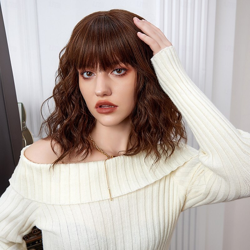 Cosplay Costume Wig Curly Bouncy Curl Bob Neat Bang With Bangs Wig 14 inch sepia Synthetic Hair Women's Elastic Adorable Comfortable Brown4