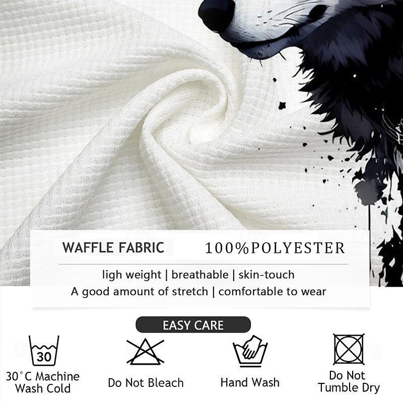 Men's Wolf Waffle Polo Shirts Golf Shirt Long Sleeve Polo Shirts Collared Shirts Casual Funny Vacation Wear Party Outfits Buttons 3D Print Summer White3